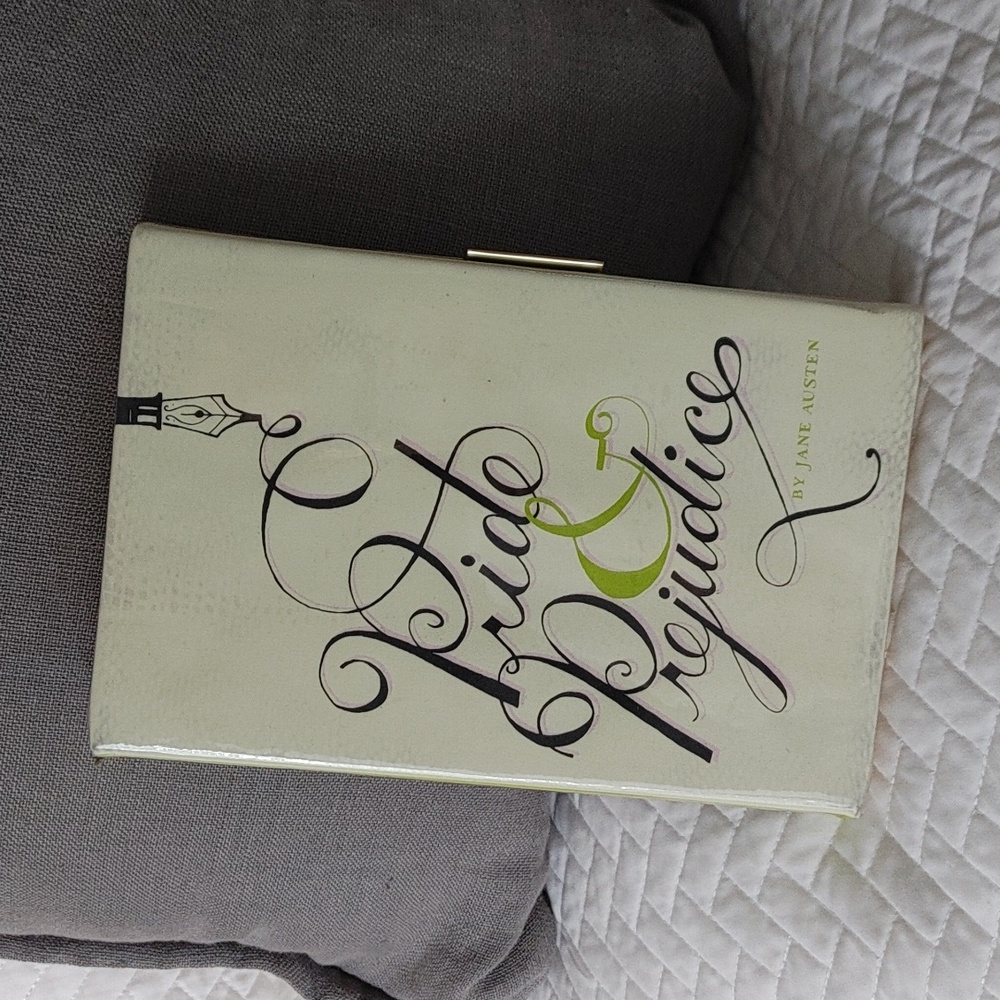 kate spade Cream Pride & Prejudice Clutch with Black Script and Lime Accent